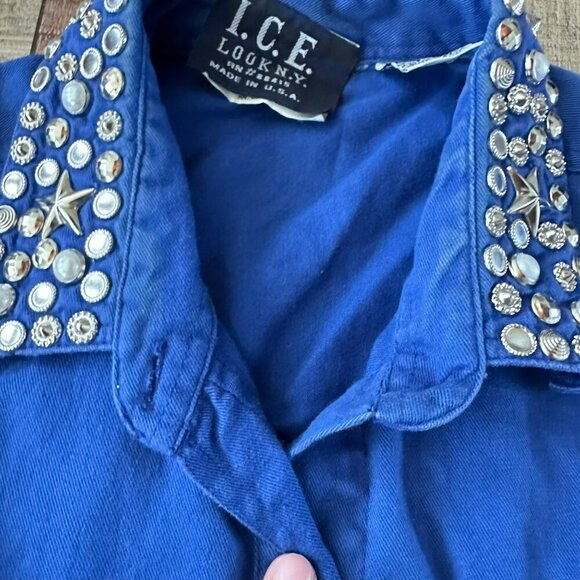 Vintage I.C.E. Lookny Blue Denim Shirt with Rhinestone Studded Collar & Pockets - Picture 2 of 7